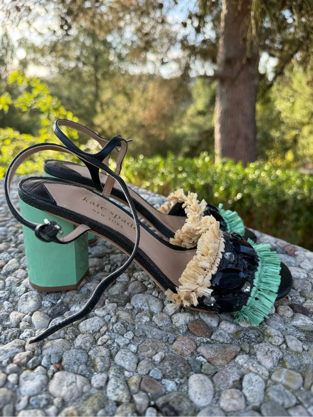 kate spade Black Sandals with Cream & Mint Fringe and Jewel Embellishments